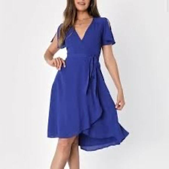 Lulus Rise to the Occasion Royal Blue Wrap Dress Midi Size M - Picture 2 of 9